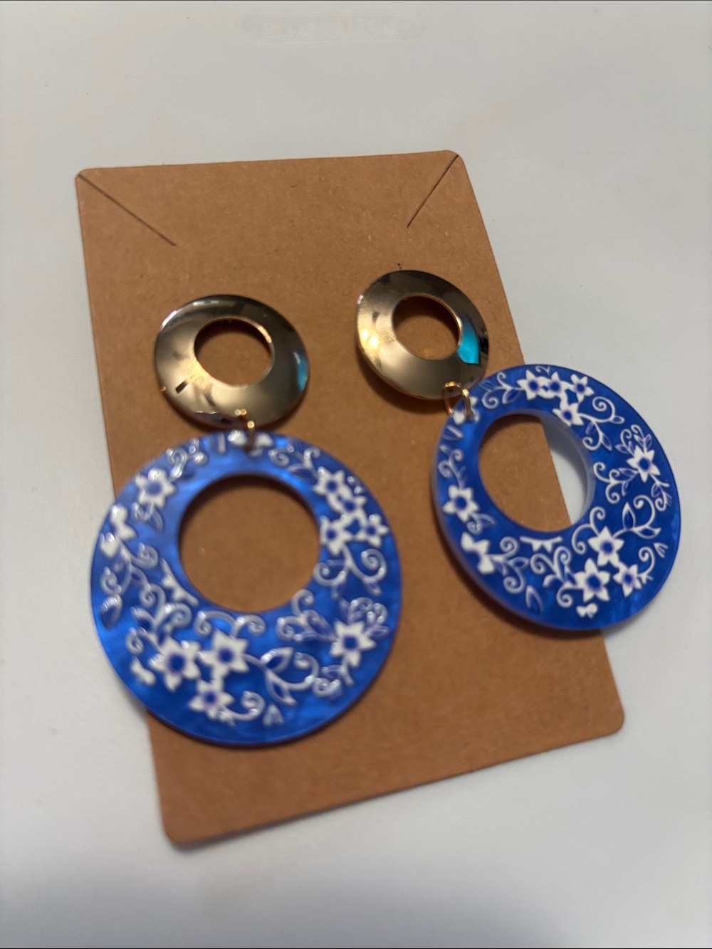 Fashion Jewelry Blue and Gold Floral Hoop Drop Earrings